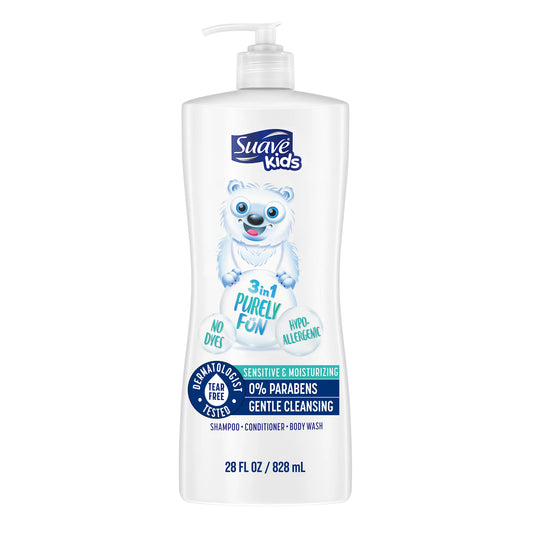 Suave Kids 3-in-1 Shampoo Conditioner Body Wash, Purely Fun, 28 oz Single