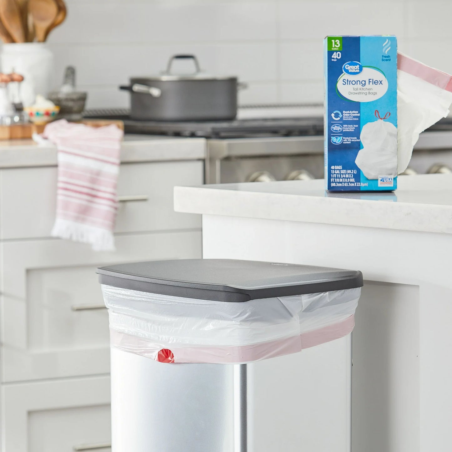 Great Value 13-Gallon White Strong Flex Drawstring Tall Kitchen Garbage Bags, Fresh Scent, 40 Bags