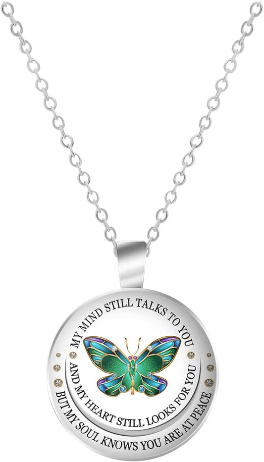 Green Butterfly Memorial Necklace – “My Mind Still Talks to You” Silver Chain, 21 Inches