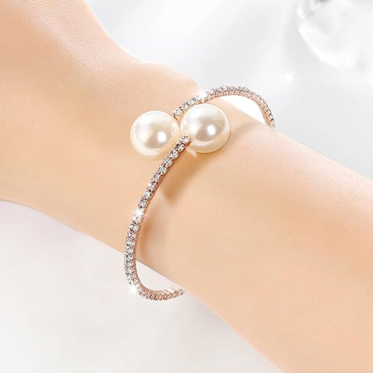 Elegant Pearl Silver Bangle Bracelet for Women – Minimalist Jewelry