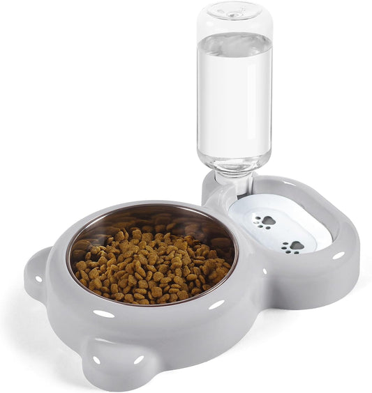 Dog & Cat Food and Water Bowl Set with Water Dispenser and Stainless Steel Bowl - Grey