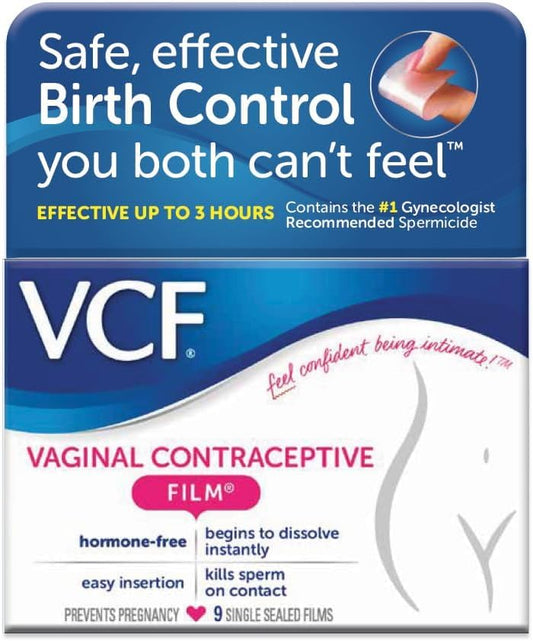 VCF Vaginal Contraceptive Film with Spermicide, 1 Box of 9 Prevents Pregnancy, Nonoxyl-9 Kills Sperm on Contact, Hormone-Free, Easy to Use, Unnoticeable, 9 Total
