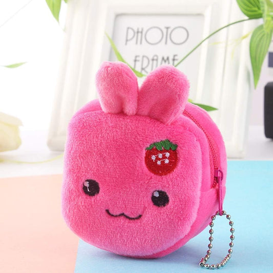 Pink Rabbit Plush Coin Purse with Strawberry – 3D Cartoon Wallet & Key Holder for Girls
