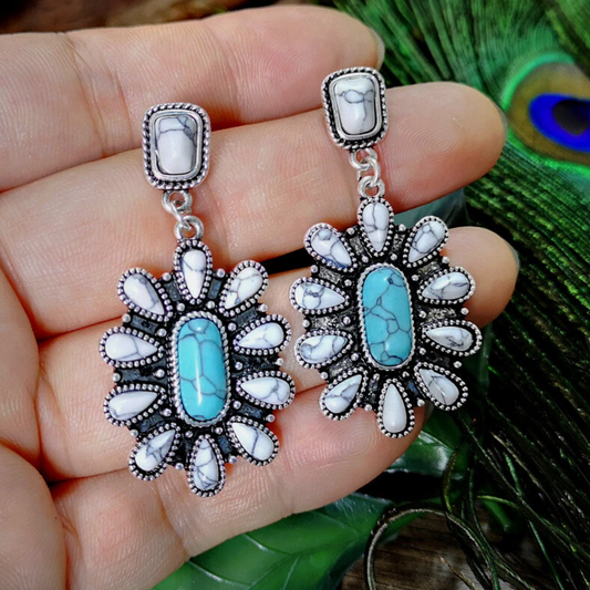 Boho White & Blue Turquoise Dangle Earrings – European Vintage Stone Drop Jewelry