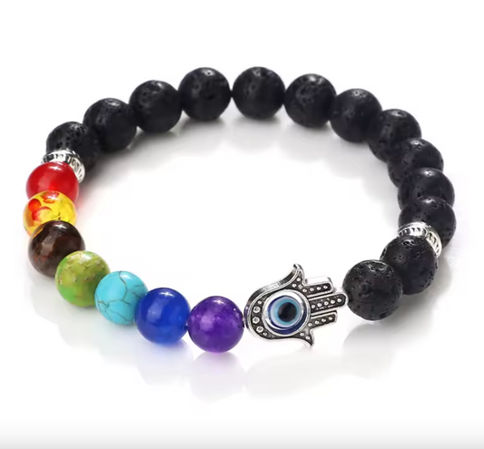 Lava Black Onyx Evil Eye Bracelet – 8mm Unisex Protection Bracelet with 7 Chakra Healing Stones for Energy & Luck