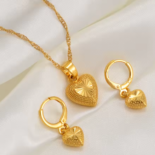 24K Dubai Gold Plated Heart Jewelry Set – Necklace & Earrings, Hypoallergenic,