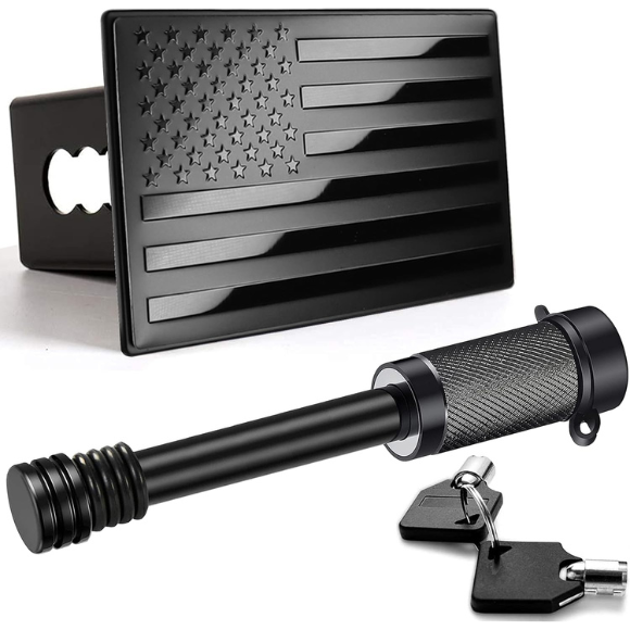 American Flag Metal Trailer Hitch Cover for 2 inch Receivers（with 5/8-Inch Pin Diameter Trailer Hitch Lock ） (Black)