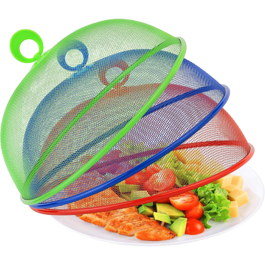 Metal Mesh Screen Food Cover Tent Umbrella, 10.75 inch (3 Pack, Green Blue Red)