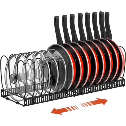 Pot and Pan Organizer Rack for Cabinet, Fully Expanded Size 22.83" W x 7.09" D x 7.09" H, Black