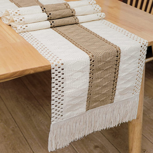 Rustic Boho Macrame Table Runner 12”x72” – Cotton & Jute Blend with Tassels, Farmhouse Dining Decor