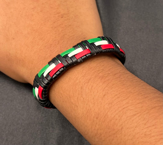 Black Geometric Leather Bracelet – Occident Style with Green, White & Red Accents